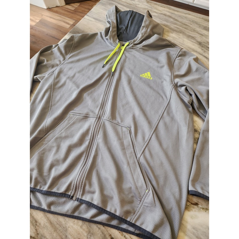 Adidas Mens 2XL Gray Neon Yellow Full Zip Mesh Fleece Lined Hoodie Jacket